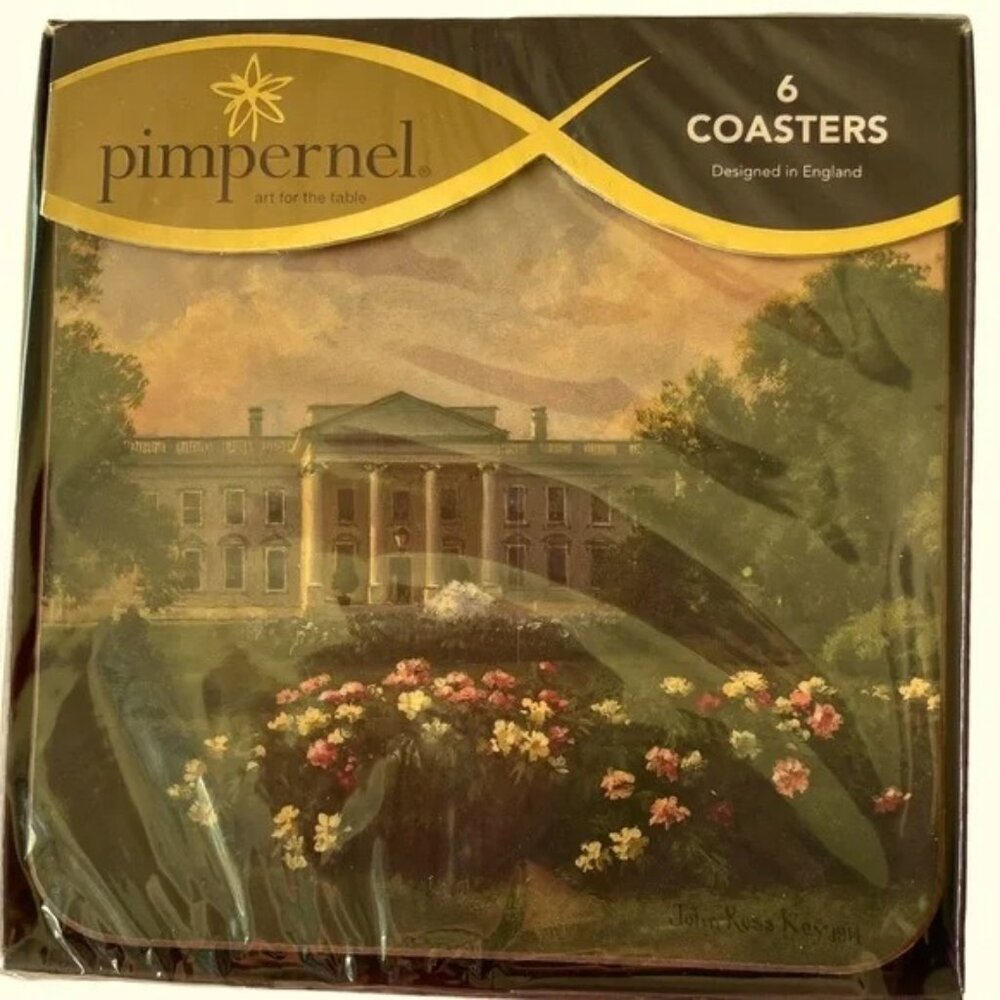 NIB! Set of 6 PIMPERNEL White House COASTERS Roses Artwork by John Russ Key 1914